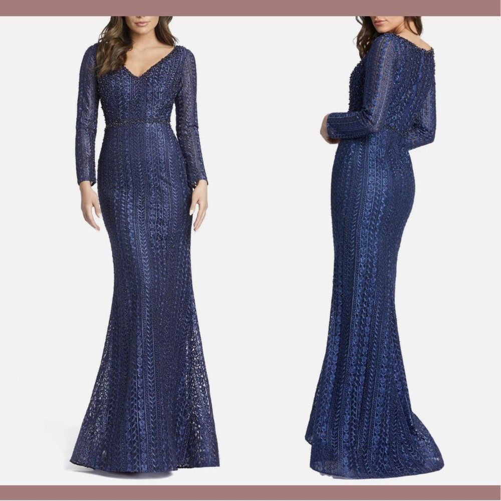 NWT $598 Mac Duggal [ 4 ] Embroidered‎ Long Sleeve V-Neck Trumpet Gown Blue